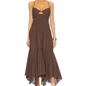 SNDYS Tahlia Dress in Chocolate Maxi Asymmetrical Revolve Casual Smocked